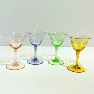 Vintage Gemstone Floral Etched Stem Liqueur Cordial Glasses Set Of 4